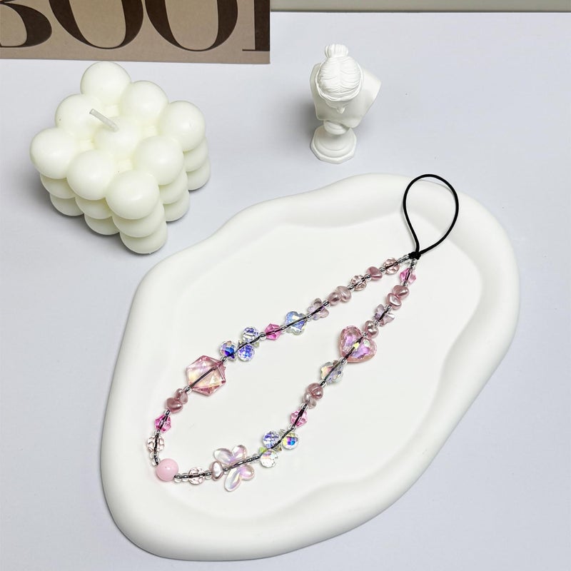 WCCH Beaded Phone Charm Y2K Kawaii Handmade Acrylic Phone Lanyard Wrist Strap for Camera Bag Airpods Keychain Charm Pink Purple Crystal Beads and Butterfly - Image 2